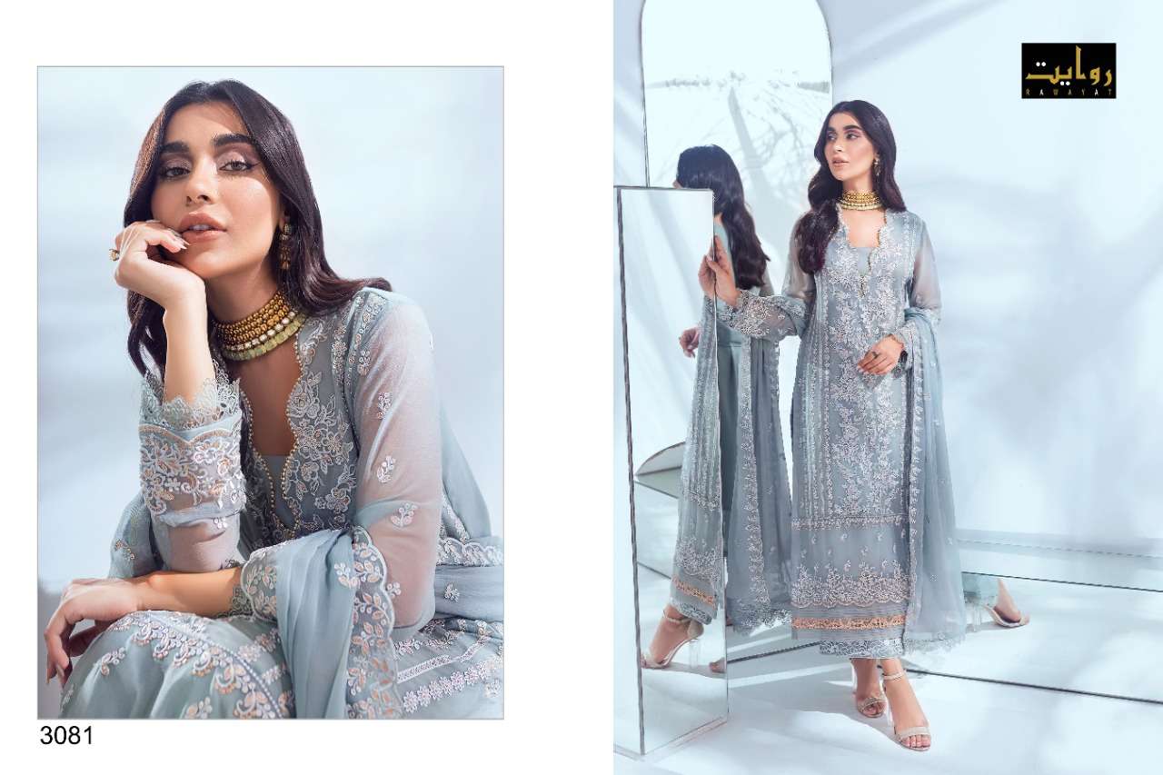 AZURE VOL-9 BY RAWAYAT 3081 TO 3084 SERIES BEAUTIFUL PAKISTANI SUITS COLORFUL STYLISH FANCY CASUAL WEAR & ETHNIC WEAR FAUX GEORGETTE EMBROIDERED DRESSES AT WHOLESALE PRICE