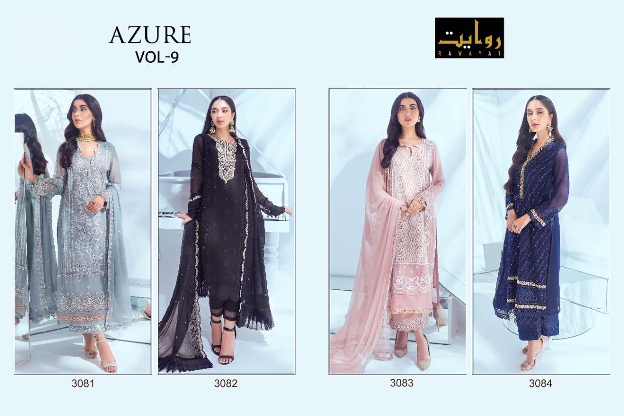 AZURE VOL-9 BY RAWAYAT 3081 TO 3084 SERIES BEAUTIFUL PAKISTANI SUITS COLORFUL STYLISH FANCY CASUAL WEAR & ETHNIC WEAR FAUX GEORGETTE EMBROIDERED DRESSES AT WHOLESALE PRICE