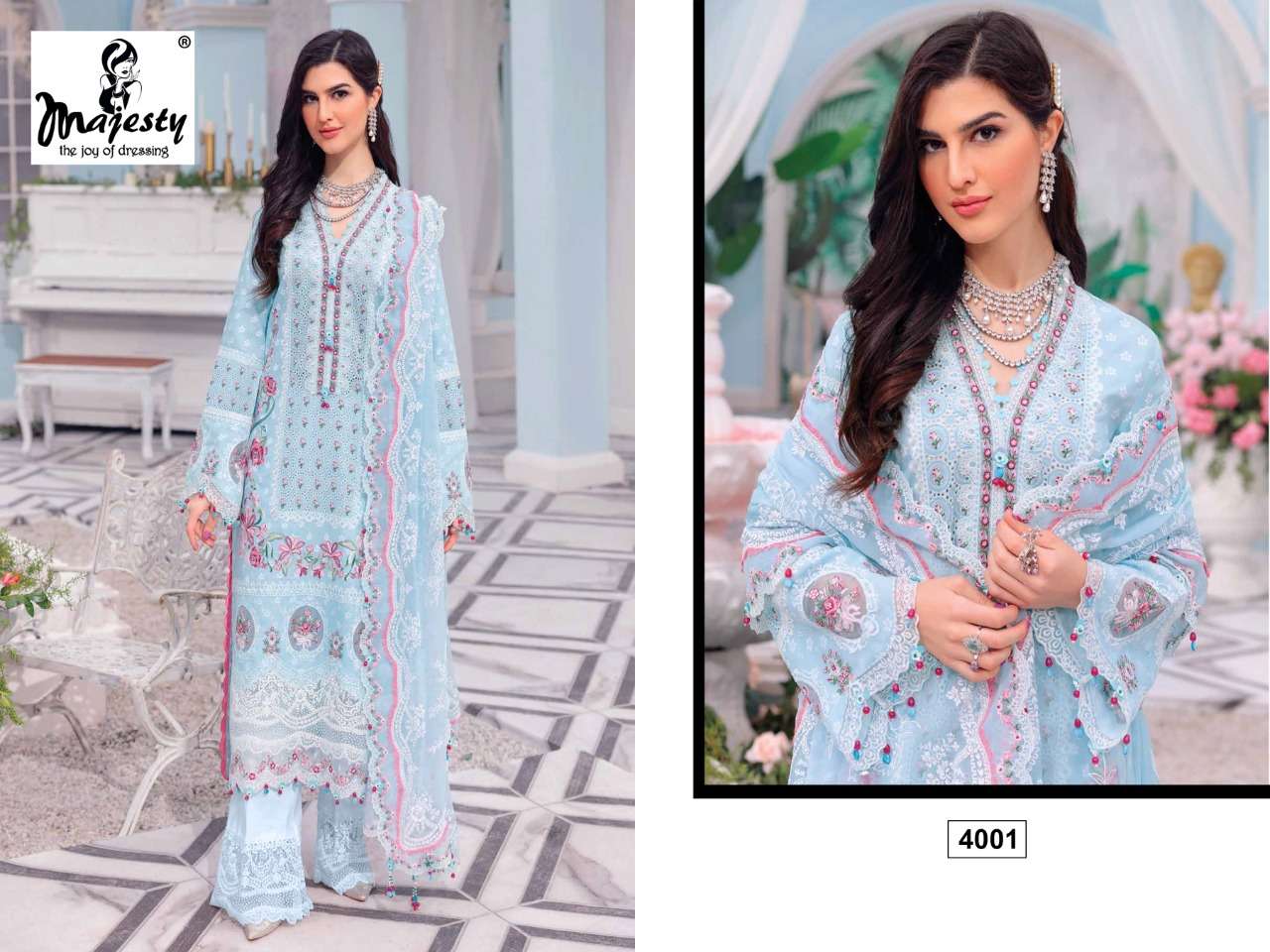 CHEVERON LAWN VOL-2 BY MAJESTY 4001 TO 4005 SERIES BEAUTIFUL PAKISTANI SUITS COLORFUL STYLISH FANCY CASUAL WEAR & ETHNIC WEAR PURE COTTON EMBROIDERED DRESSES AT WHOLESALE PRICE