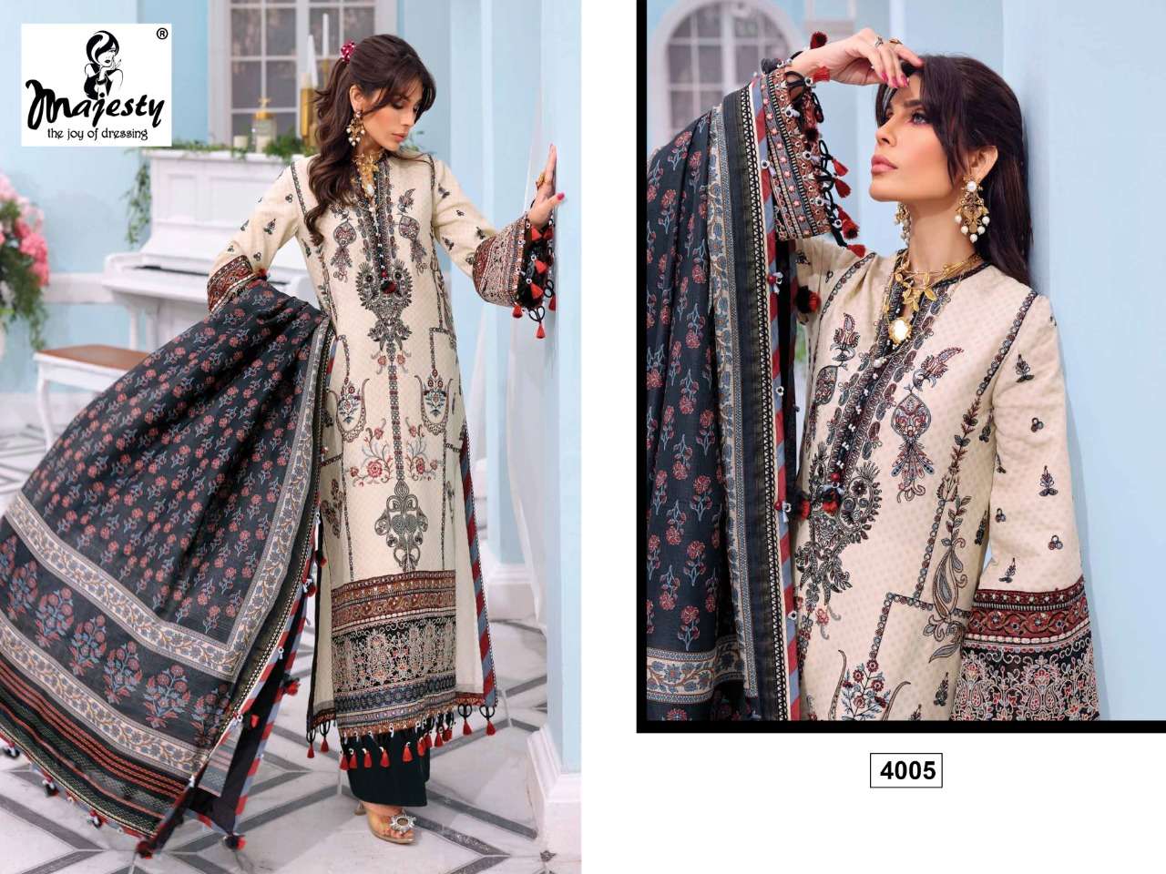 CHEVERON LAWN VOL-2 BY MAJESTY 4001 TO 4005 SERIES BEAUTIFUL PAKISTANI SUITS COLORFUL STYLISH FANCY CASUAL WEAR & ETHNIC WEAR PURE COTTON EMBROIDERED DRESSES AT WHOLESALE PRICE