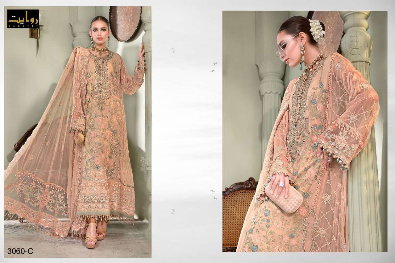 IMROZIA VOL-12 BY RAWAYAT 3060-B TO 3060-C SERIES BEAUTIFUL PAKISTANI SUITS COLORFUL STYLISH FANCY CASUAL WEAR & ETHNIC WEAR FAUX GEORGETTE EMBROIDERED DRESSES AT WHOLESALE PRICE