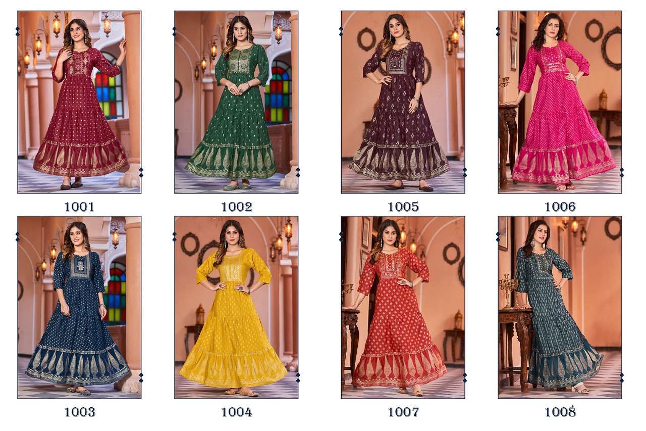 SUKUMARI BY BANWERY FASHION 1001 TO 1008 SERIES BEAUTIFUL STYLISH FANCY COLORFUL CASUAL WEAR & ETHNIC WEAR RAYON SLUB GOWNS WITH DUPATTA AT WHOLESALE PRICE