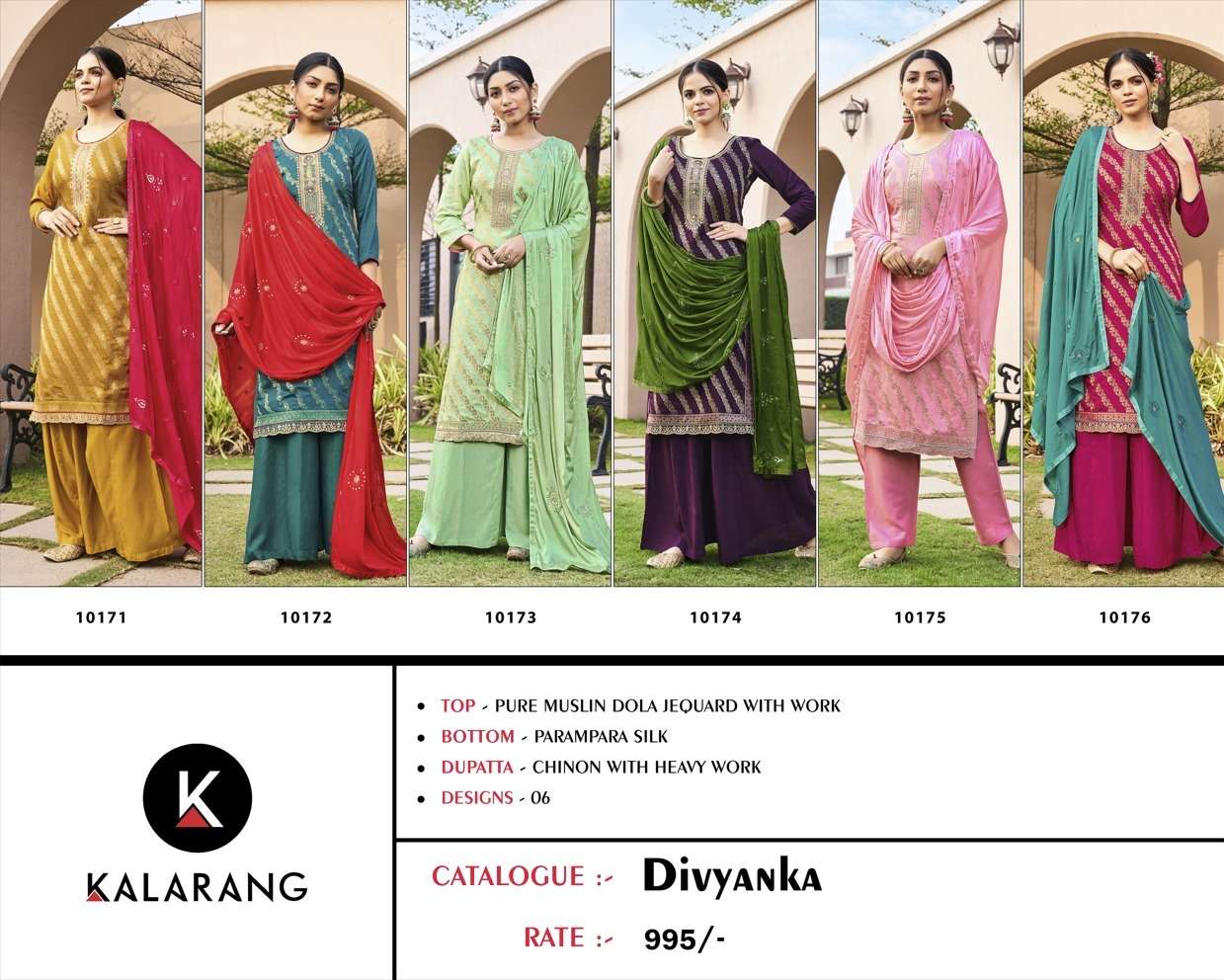 Divyanka By Kalarang 10171 To 10176 Series Indian Suits Beautiful Fancy Colorful Stylish Party Wear & Occasional Wear Pure Muslin Dola Jacquard Dresses At Wholesale Price