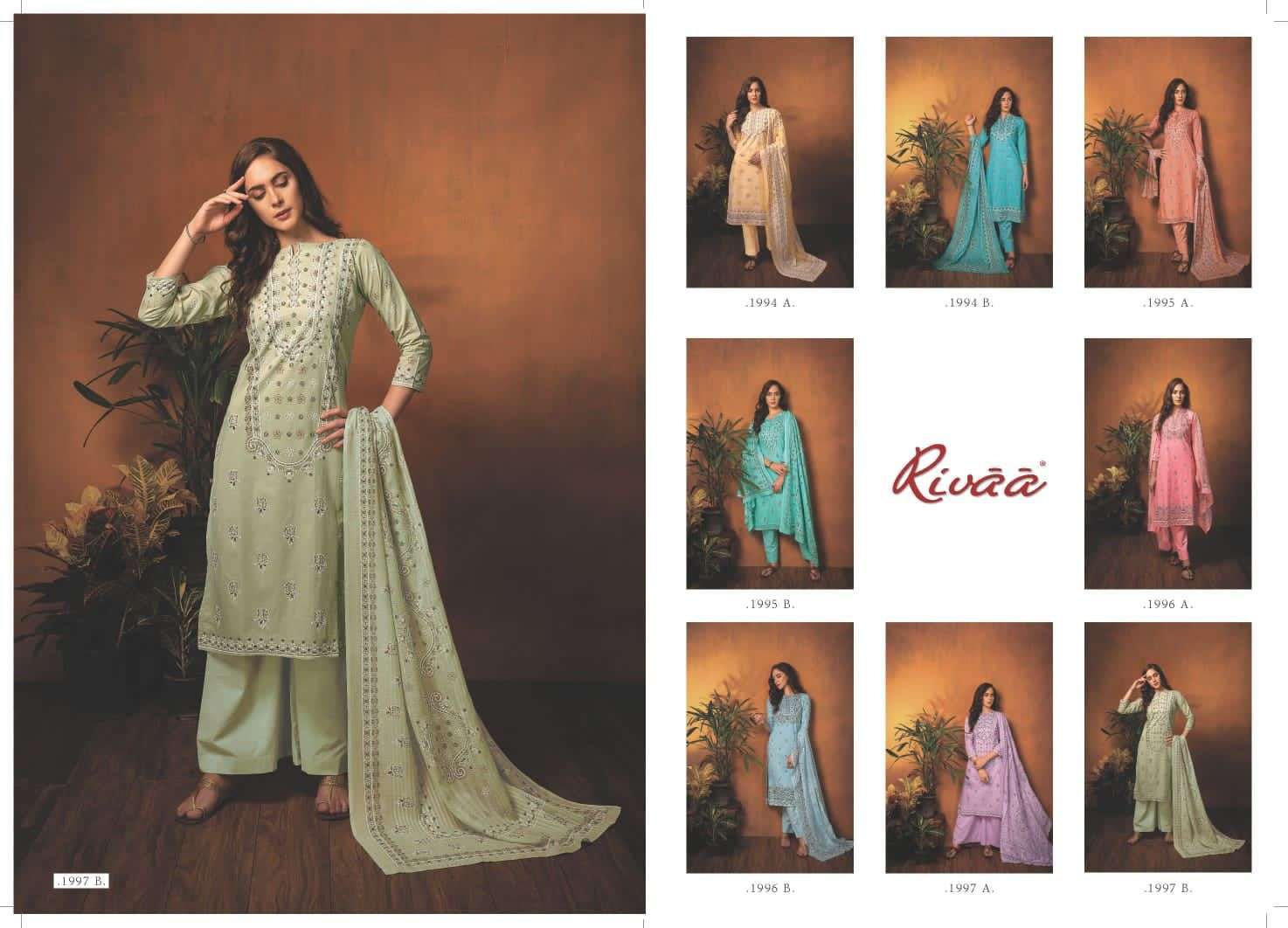 NIYAMAT BY RIVAA 1994-A TO 1997-B SERIES INDIAN SUITS BEAUTIFUL FANCY COLORFUL STYLISH PARTY WEAR & OCCASIONAL WEAR PURE COTTON PRINT DRESSES AT WHOLESALE PRICE