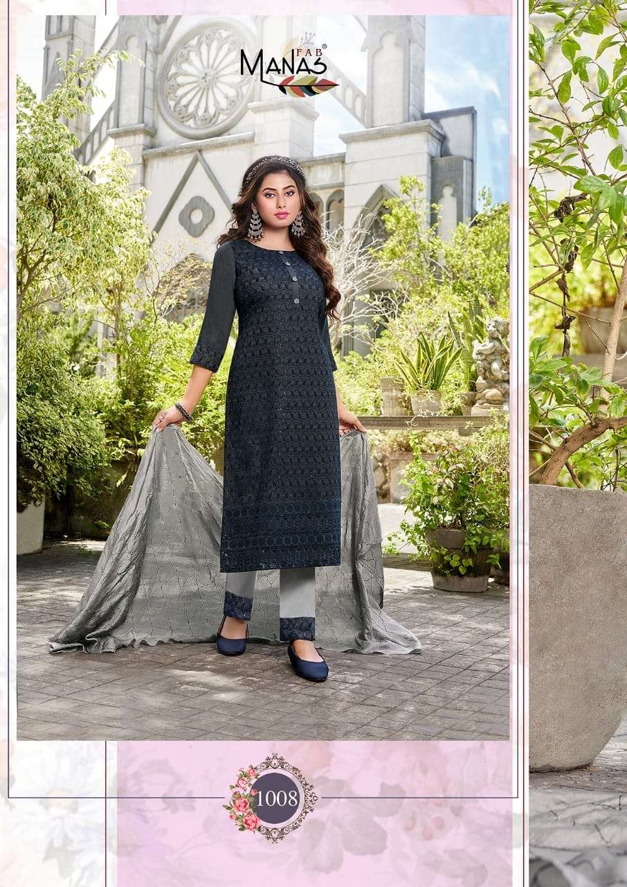 BOMBAY SCHIFFLI VOL-2 BY MANAS FAB 1007 TO 1012 SERIES INDIAN SUITS BEAUTIFUL FANCY COLORFUL STYLISH PARTY WEAR & OCCASIONAL WEAR HEAVY CHINNON DRESSES AT WHOLESALE PRICE