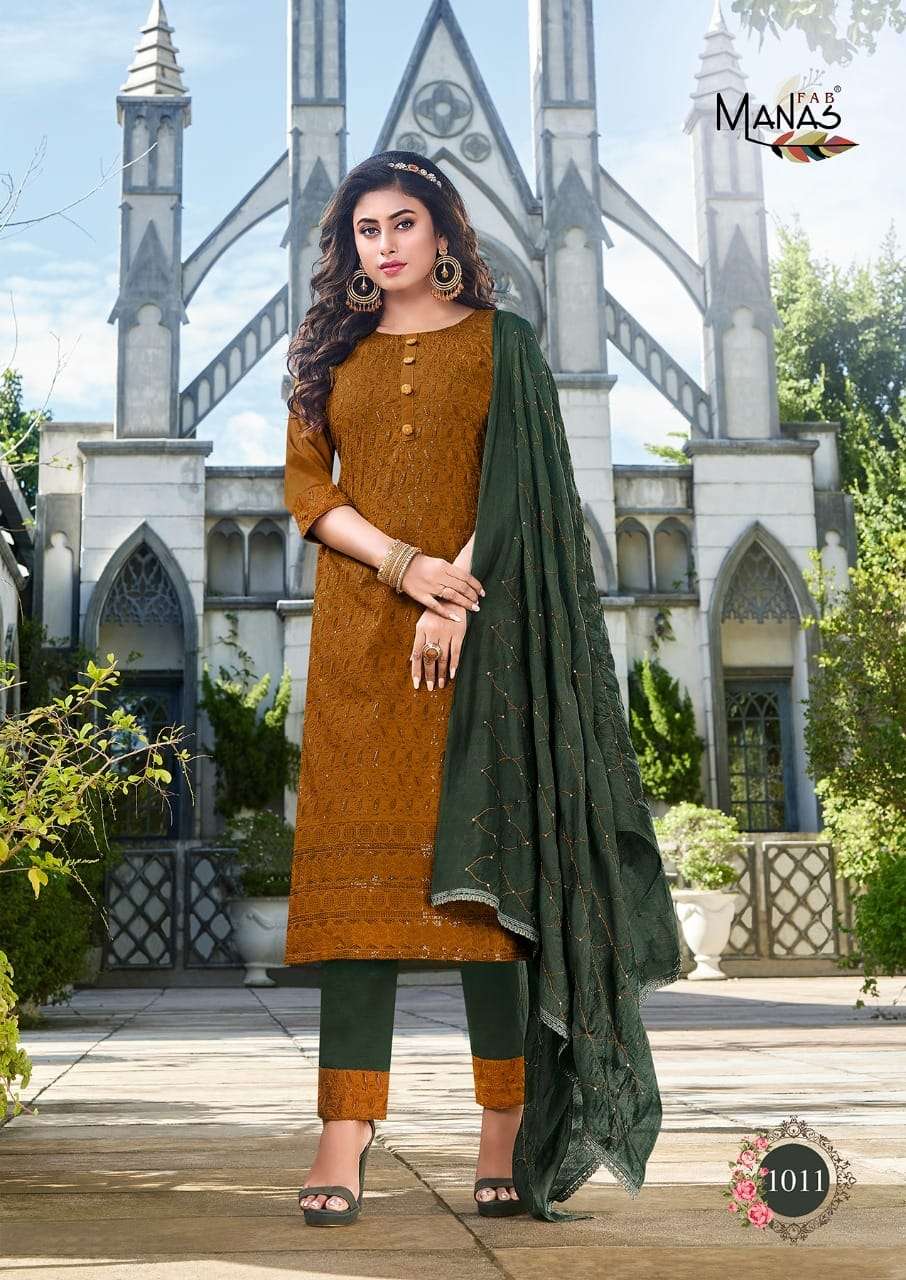 BOMBAY SCHIFFLI VOL-2 BY MANAS FAB 1007 TO 1012 SERIES INDIAN SUITS BEAUTIFUL FANCY COLORFUL STYLISH PARTY WEAR & OCCASIONAL WEAR HEAVY CHINNON DRESSES AT WHOLESALE PRICE