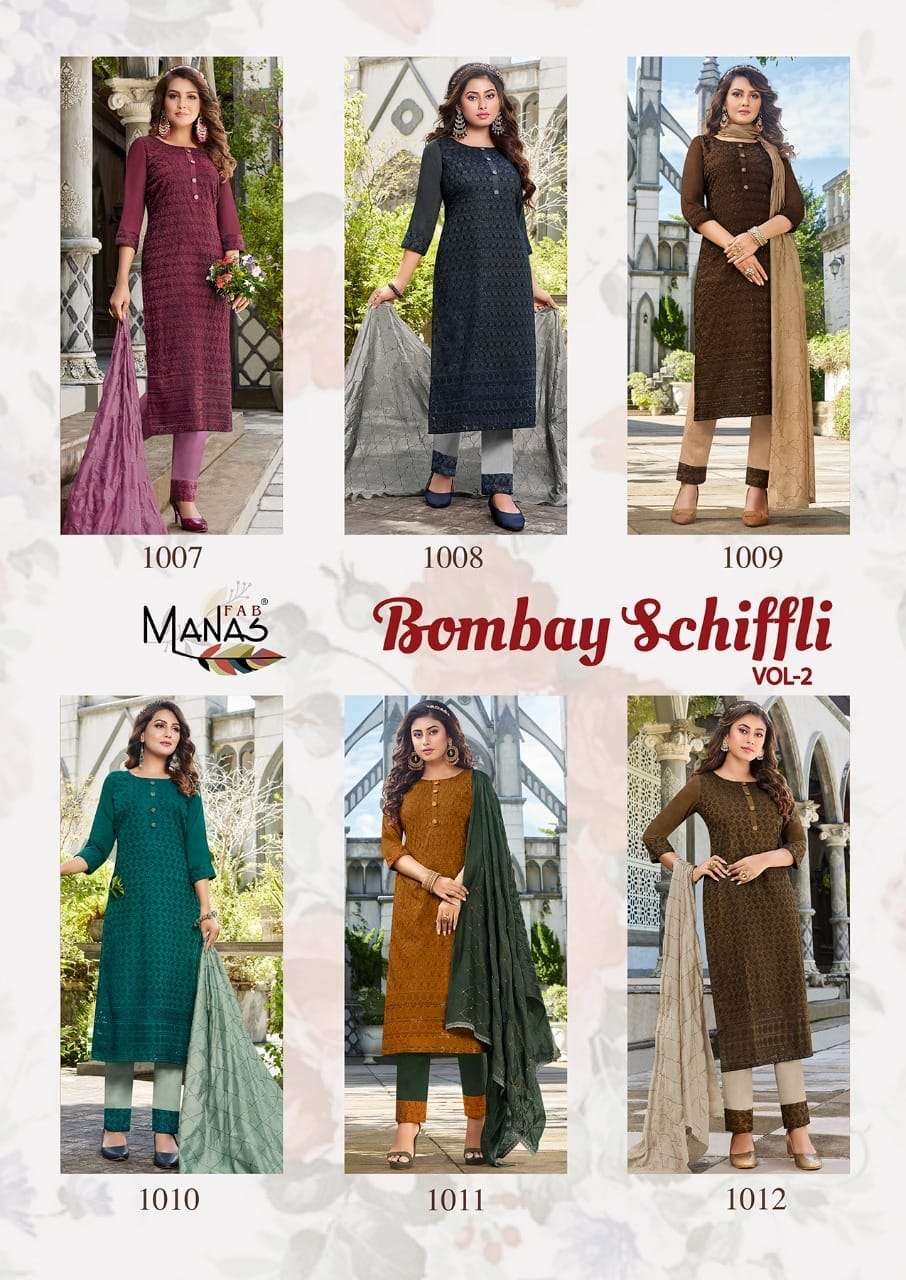 BOMBAY SCHIFFLI VOL-2 BY MANAS FAB 1007 TO 1012 SERIES INDIAN SUITS BEAUTIFUL FANCY COLORFUL STYLISH PARTY WEAR & OCCASIONAL WEAR HEAVY CHINNON DRESSES AT WHOLESALE PRICE