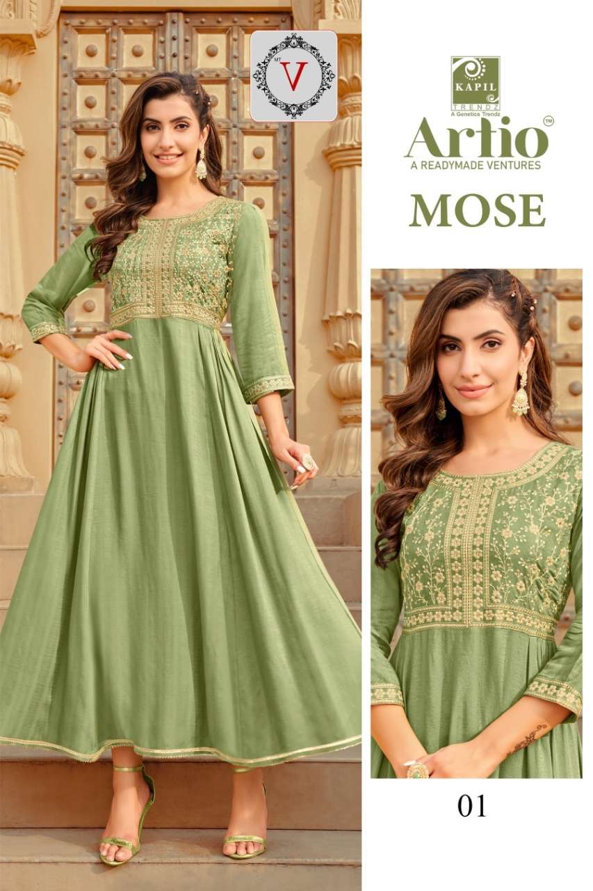 MOSE BY ARTIO 01 TO 06 SERIES BEAUTIFUL STYLISH FANCY COLORFUL CASUAL WEAR & ETHNIC WEAR RAYON GOWNS AT WHOLESALE PRICE