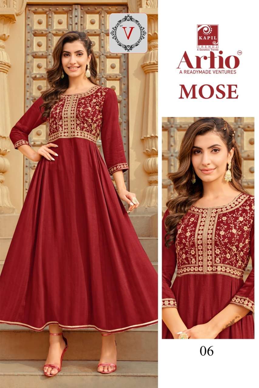 MOSE BY ARTIO 01 TO 06 SERIES BEAUTIFUL STYLISH FANCY COLORFUL CASUAL WEAR & ETHNIC WEAR RAYON GOWNS AT WHOLESALE PRICE