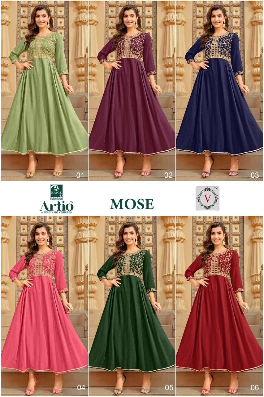 MOSE BY ARTIO 01 TO 06 SERIES BEAUTIFUL STYLISH FANCY COLORFUL CASUAL WEAR & ETHNIC WEAR RAYON GOWNS AT WHOLESALE PRICE