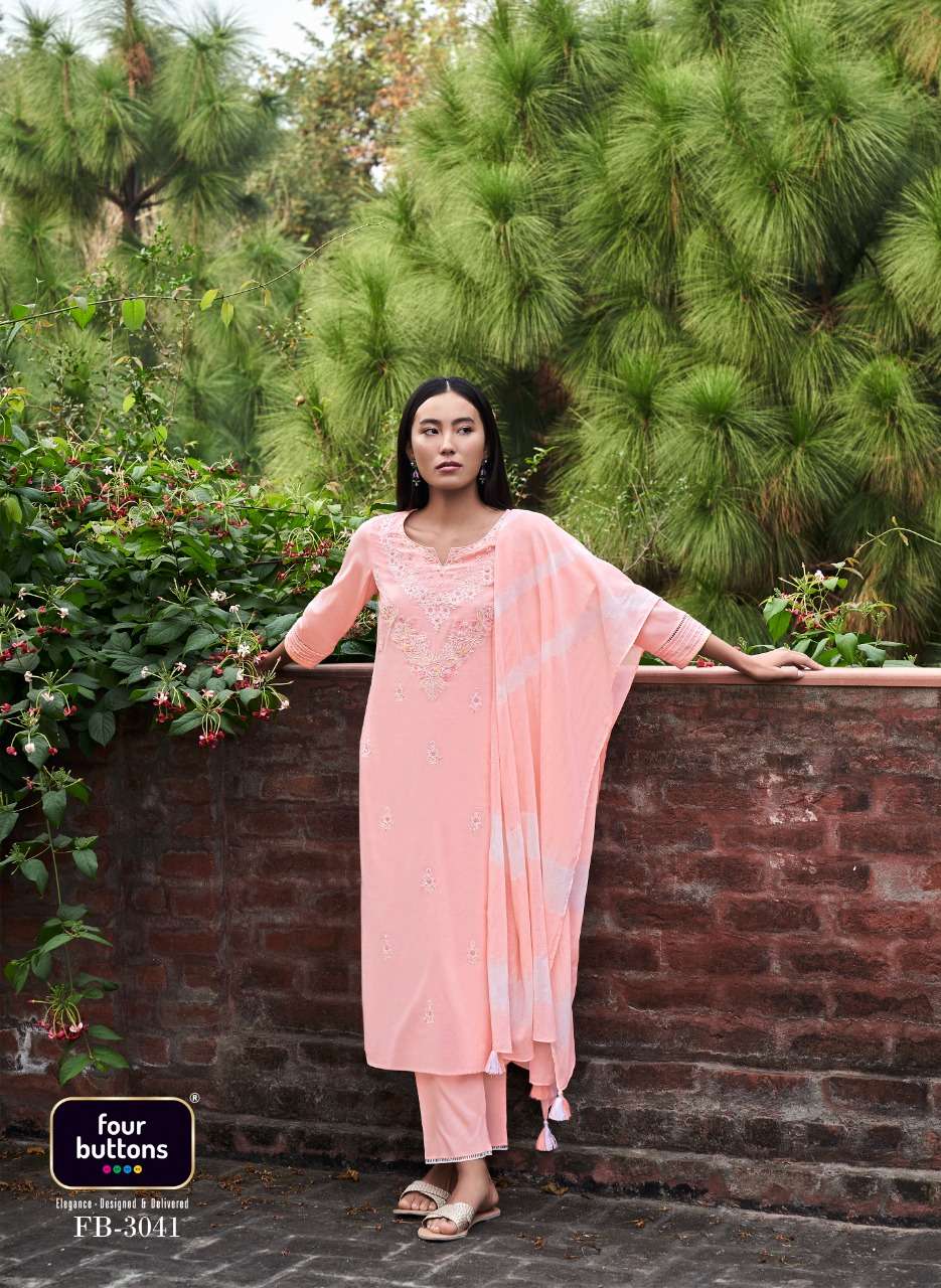 FANAA BY FOUR BUTTONS 3041 TO 3046 SERIES BEAUTIFUL SUITS COLORFUL STYLISH FANCY CASUAL WEAR & ETHNIC WEAR PURE COTTON MAL DRESSES AT WHOLESALE PRICE