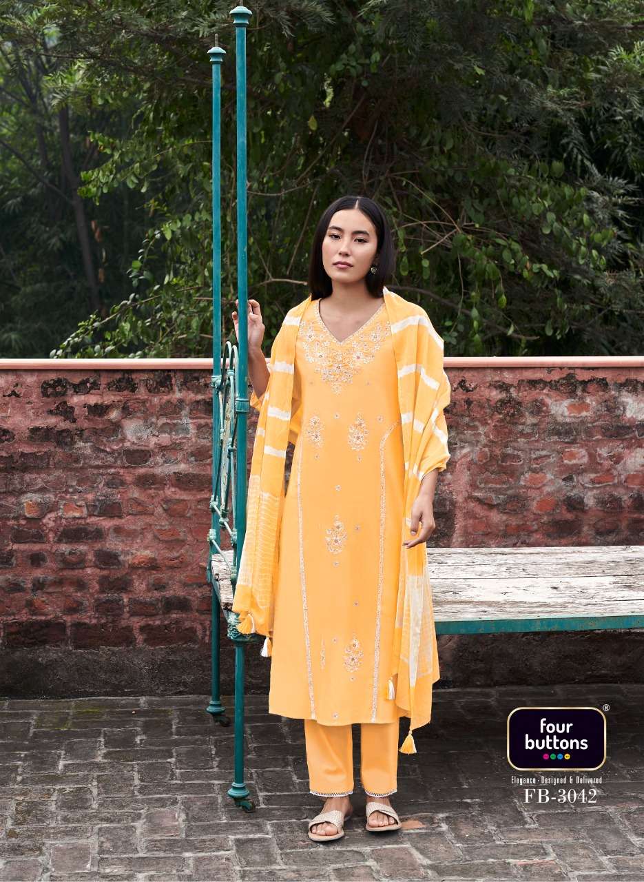 FANAA BY FOUR BUTTONS 3041 TO 3046 SERIES BEAUTIFUL SUITS COLORFUL STYLISH FANCY CASUAL WEAR & ETHNIC WEAR PURE COTTON MAL DRESSES AT WHOLESALE PRICE
