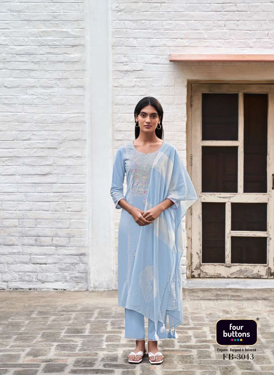 FANAA BY FOUR BUTTONS 3041 TO 3046 SERIES BEAUTIFUL SUITS COLORFUL STYLISH FANCY CASUAL WEAR & ETHNIC WEAR PURE COTTON MAL DRESSES AT WHOLESALE PRICE