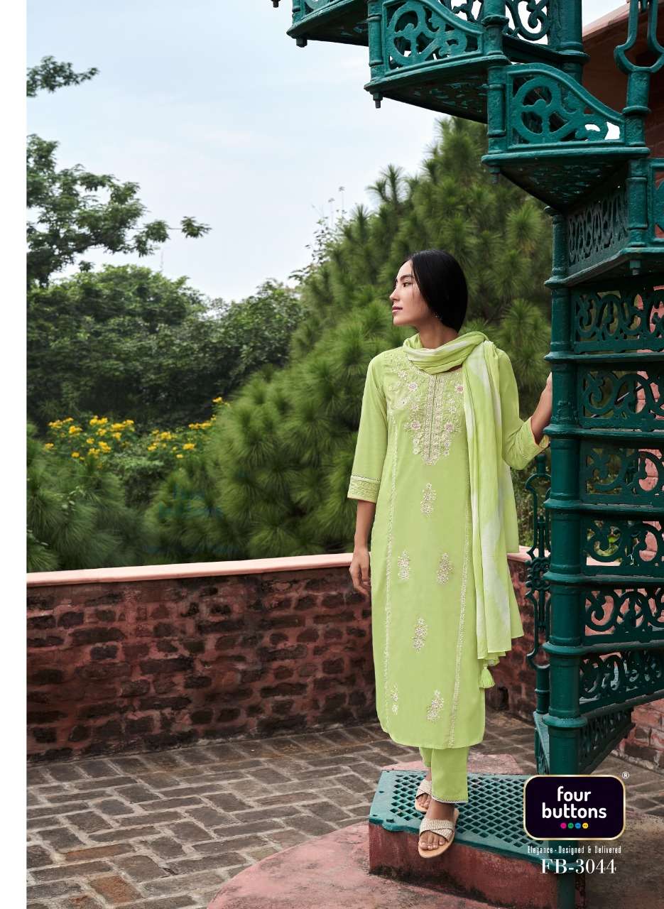 FANAA BY FOUR BUTTONS 3041 TO 3046 SERIES BEAUTIFUL SUITS COLORFUL STYLISH FANCY CASUAL WEAR & ETHNIC WEAR PURE COTTON MAL DRESSES AT WHOLESALE PRICE