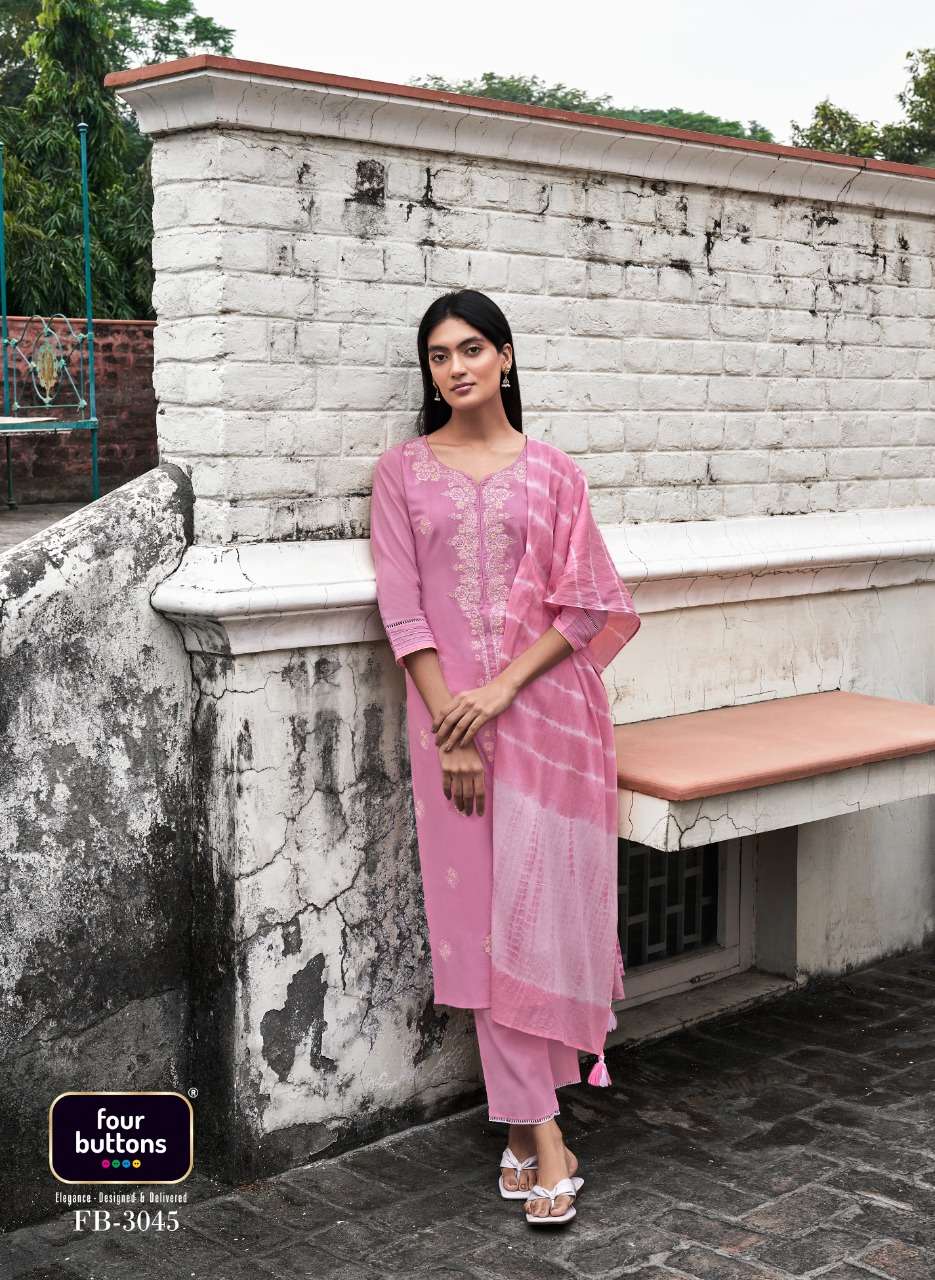 FANAA BY FOUR BUTTONS 3041 TO 3046 SERIES BEAUTIFUL SUITS COLORFUL STYLISH FANCY CASUAL WEAR & ETHNIC WEAR PURE COTTON MAL DRESSES AT WHOLESALE PRICE