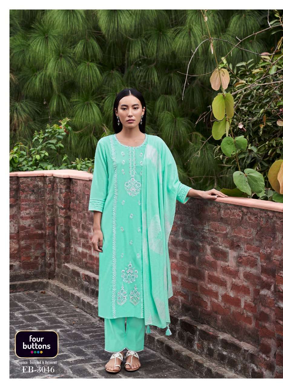 FANAA BY FOUR BUTTONS 3041 TO 3046 SERIES BEAUTIFUL SUITS COLORFUL STYLISH FANCY CASUAL WEAR & ETHNIC WEAR PURE COTTON MAL DRESSES AT WHOLESALE PRICE