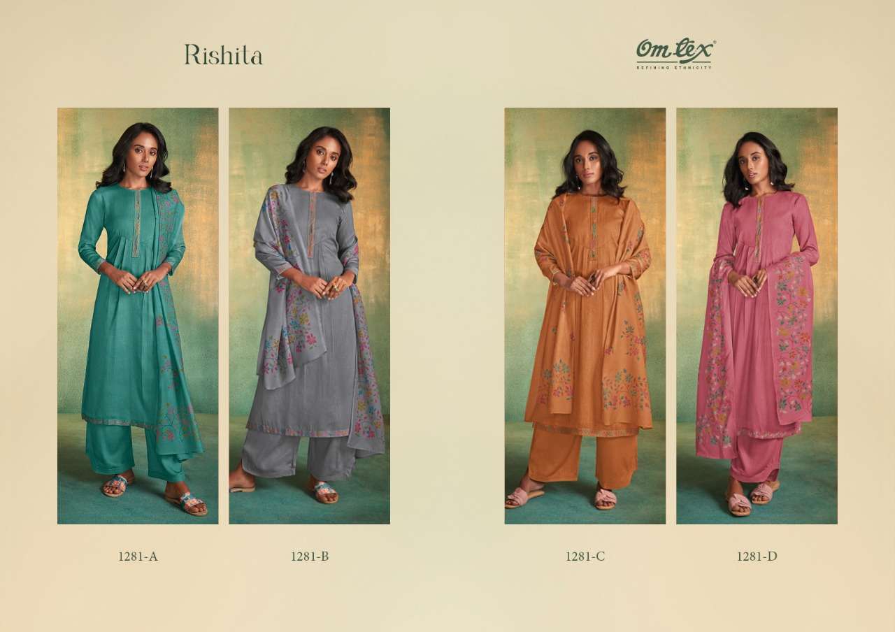 RISHITA BY OM TEX 1281-A TO 1281-D SERIES INDIAN SUITS BEAUTIFUL FANCY COLORFUL STYLISH PARTY WEAR & OCCASIONAL WEAR SATIN DIGITAL PRINT DRESSES AT WHOLESALE PRICE