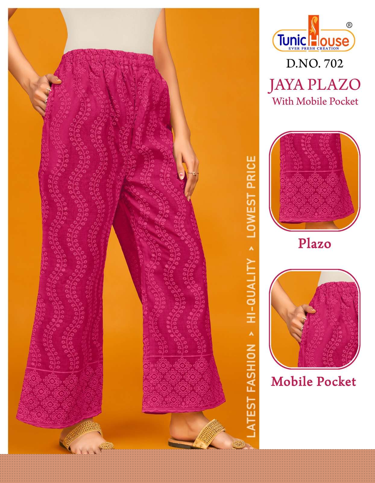 JAYA PLAZO BY TUNIC HOUSE 701 TO 712 SERIES STYLISH FANCY BEAUTIFUL COLORFUL CASUAL WEAR & ETHNIC WEAR COTTON PALAZZO AT WHOLESALE PRICE