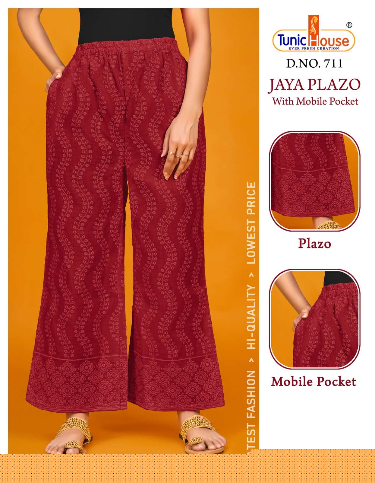 JAYA PLAZO BY TUNIC HOUSE 701 TO 712 SERIES STYLISH FANCY BEAUTIFUL COLORFUL CASUAL WEAR & ETHNIC WEAR COTTON PALAZZO AT WHOLESALE PRICE