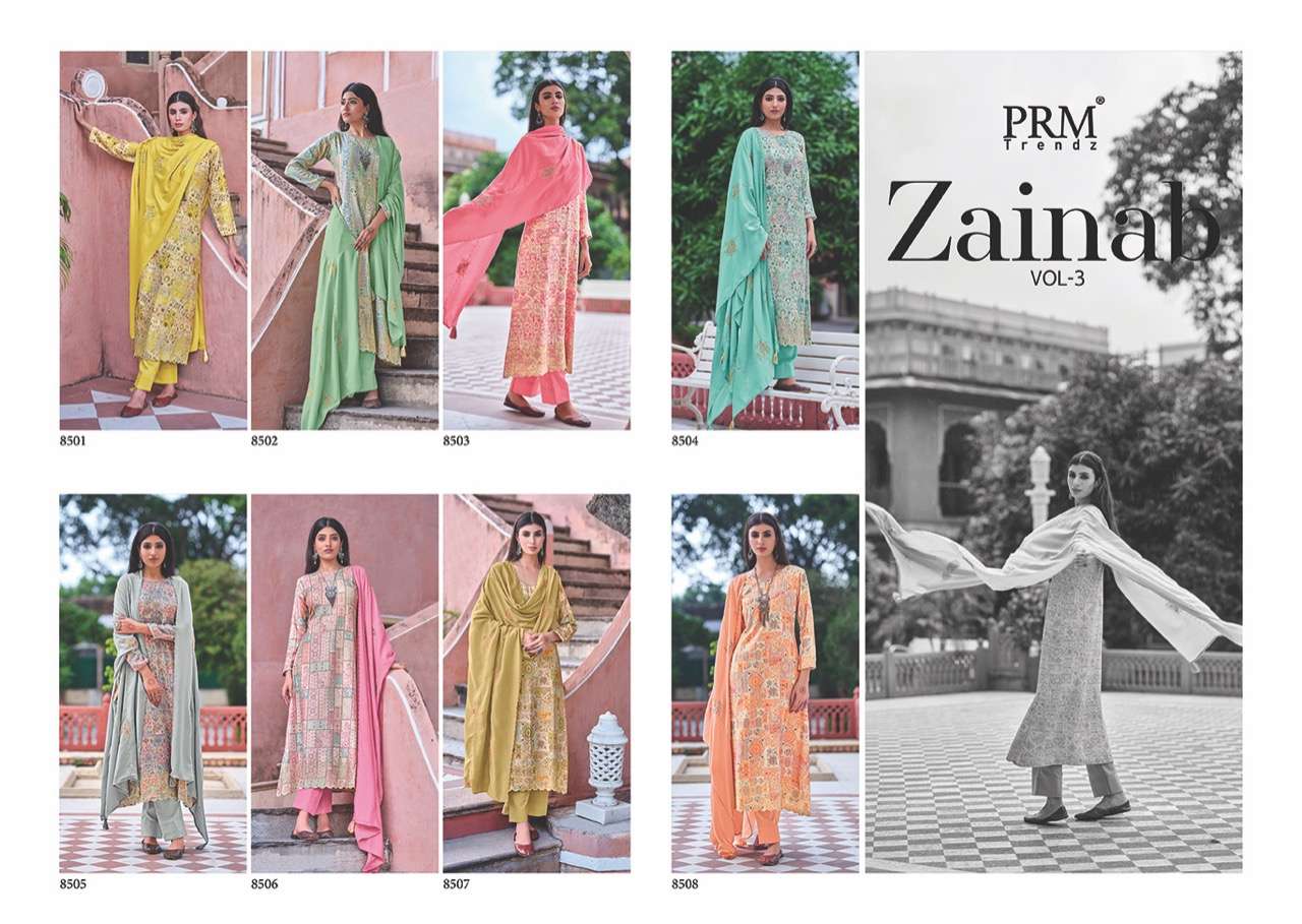 ZAINAB VOL-3 BY PRM TRENDZ 8501 TO 8508 SERIES BEAUTIFUL STYLISH SUITS FANCY COLORFUL CASUAL WEAR & ETHNIC WEAR & READY TO WEAR PURE JAM COTTON PRINT WITH EMBROIDERED DRESSES AT WHOLESALE PRICE