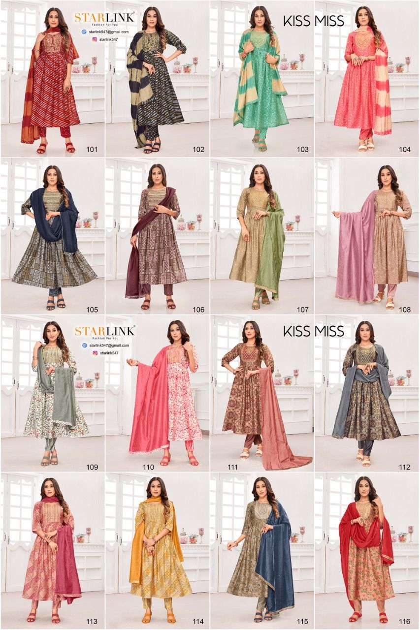 KISS MISS BY STARLINK 101 TO 116 SERIES FESTIVE SUITS BEAUTIFUL FANCY COLORFUL STYLISH PARTY WEAR & OCCASIONAL WEAR CHANDERI EMBROIDERED DRESSES AT WHOLESALE PRICE