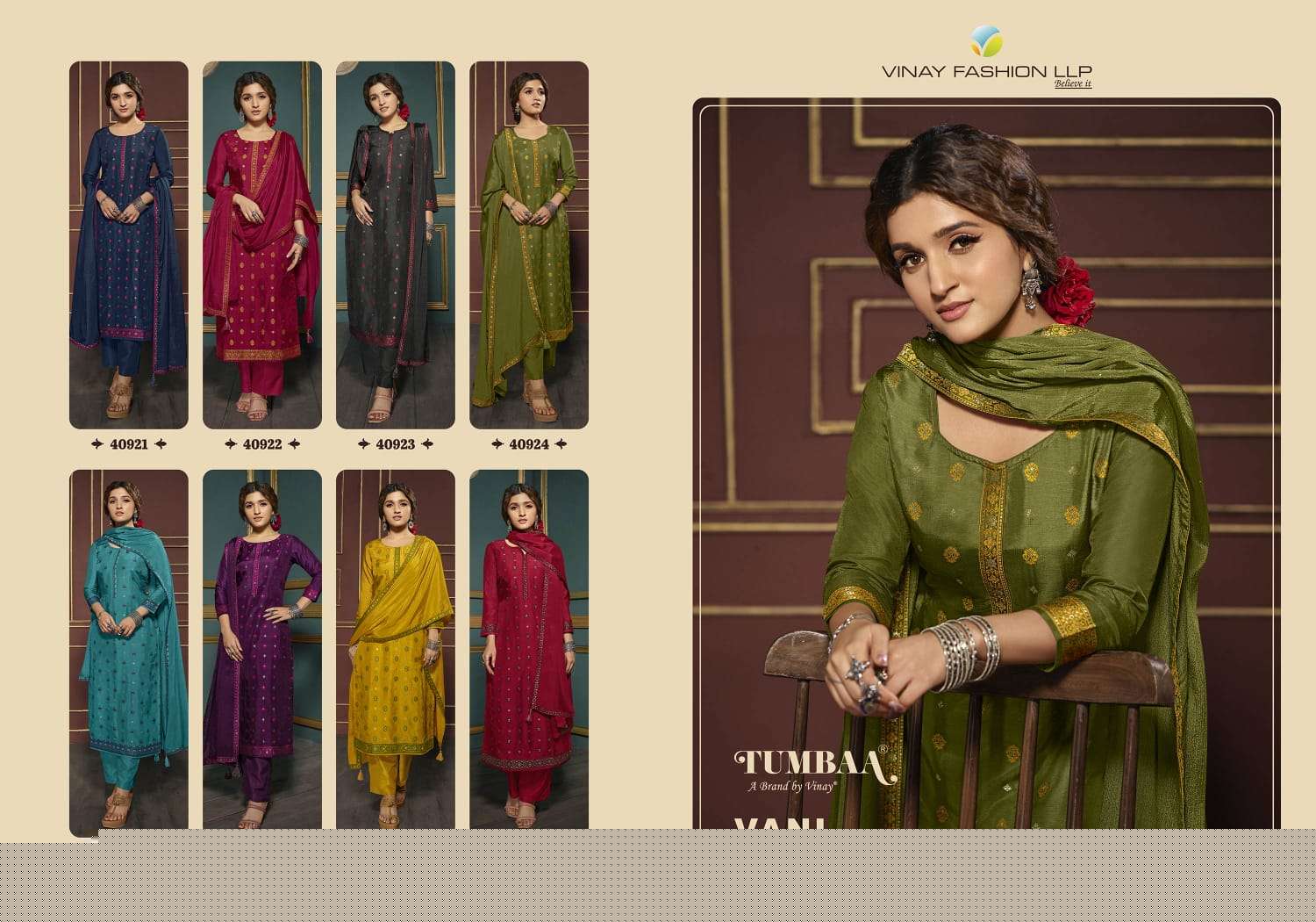 Tumbaa Vani By Vinay Fashion 40921 To 40928 Series Beautiful Suits Colorful Stylish Fancy Casual Wear & Ethnic Wear Dola Jacquard Embroidered Dresses At Wholesale Price