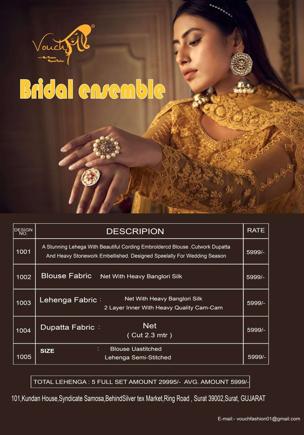 Bridal Ensemble By Vouche 1001 To 1005 Series Beautiful Colorful Fancy Wedding Collection Occasional Wear & Party Wear Net Embroidered Lehengas At Wholesale Price