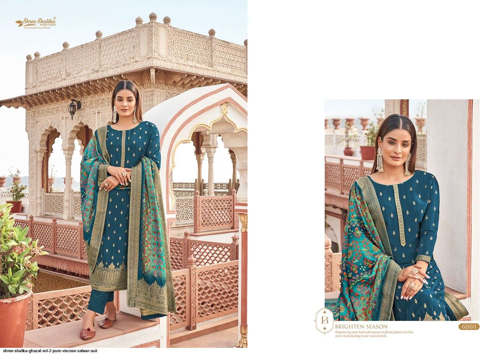 GHAZAL VOL-2 BY SHREE SHALIKA FASHION 6001 TO 6008 SERIES BEAUTIFUL SUITS COLORFUL STYLISH FANCY CASUAL WEAR & ETHNIC WEAR VISCOSE DOLA JACQUARD DRESSES AT WHOLESALE PRICE