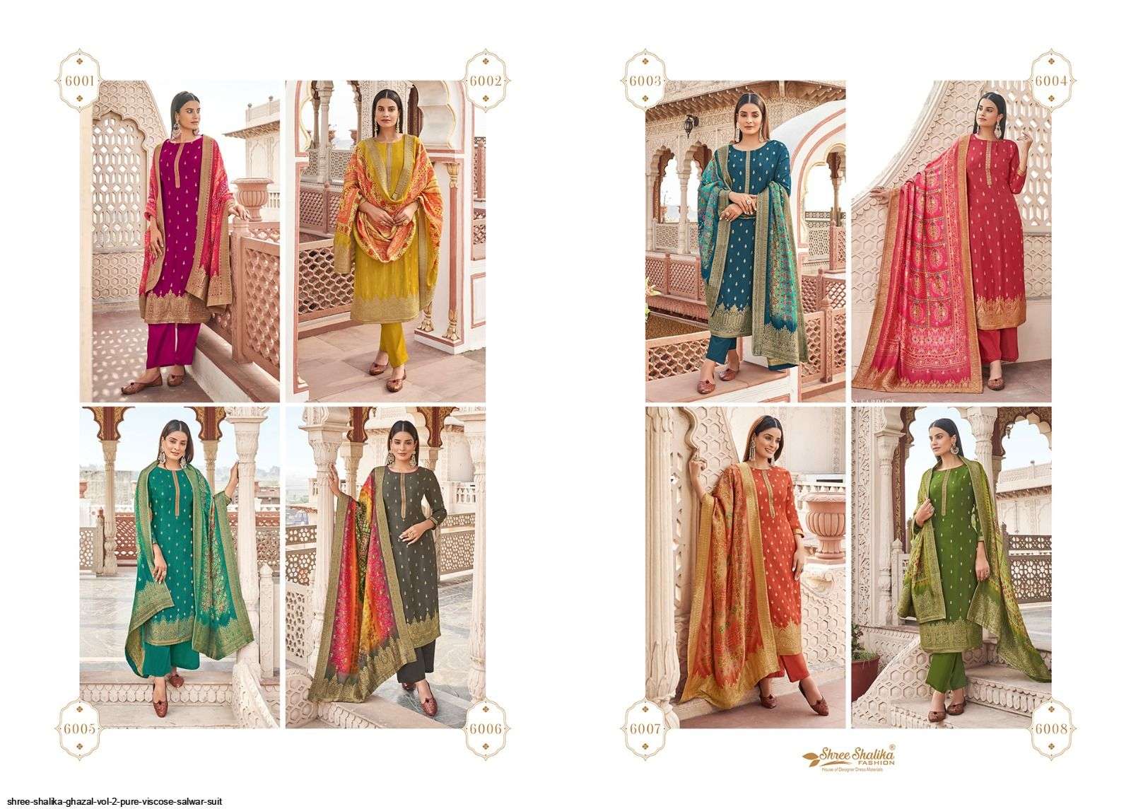 GHAZAL VOL-2 BY SHREE SHALIKA FASHION 6001 TO 6008 SERIES BEAUTIFUL SUITS COLORFUL STYLISH FANCY CASUAL WEAR & ETHNIC WEAR VISCOSE DOLA JACQUARD DRESSES AT WHOLESALE PRICE