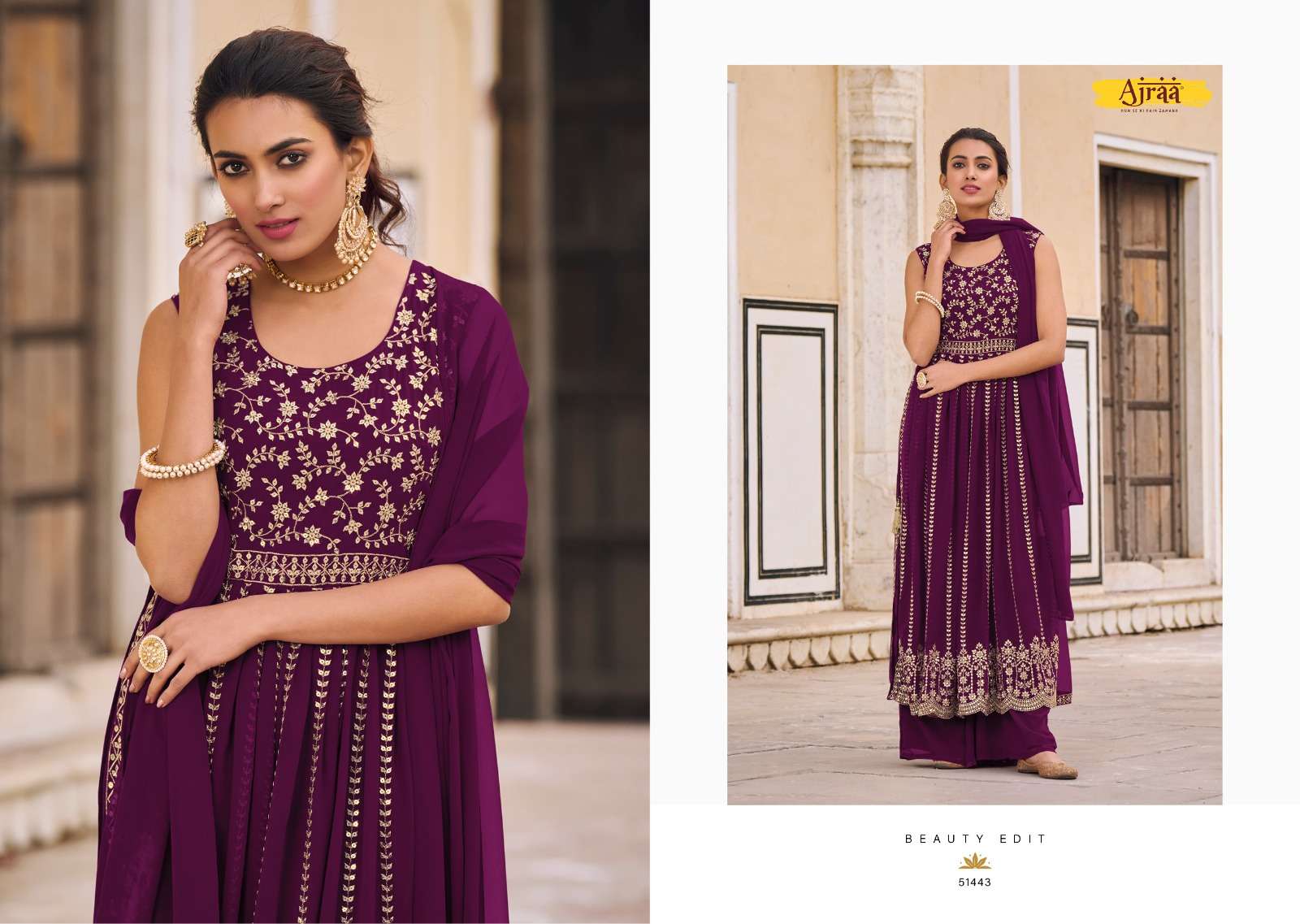 Hiva Vol-2 By Ajraa 51441 To 51445 Series Designer Festive Suits Collection Beautiful Stylish Fancy Colorful Party Wear & Occasional Wear Heavy Georgette Embroidered Dresses At Wholesale Price
