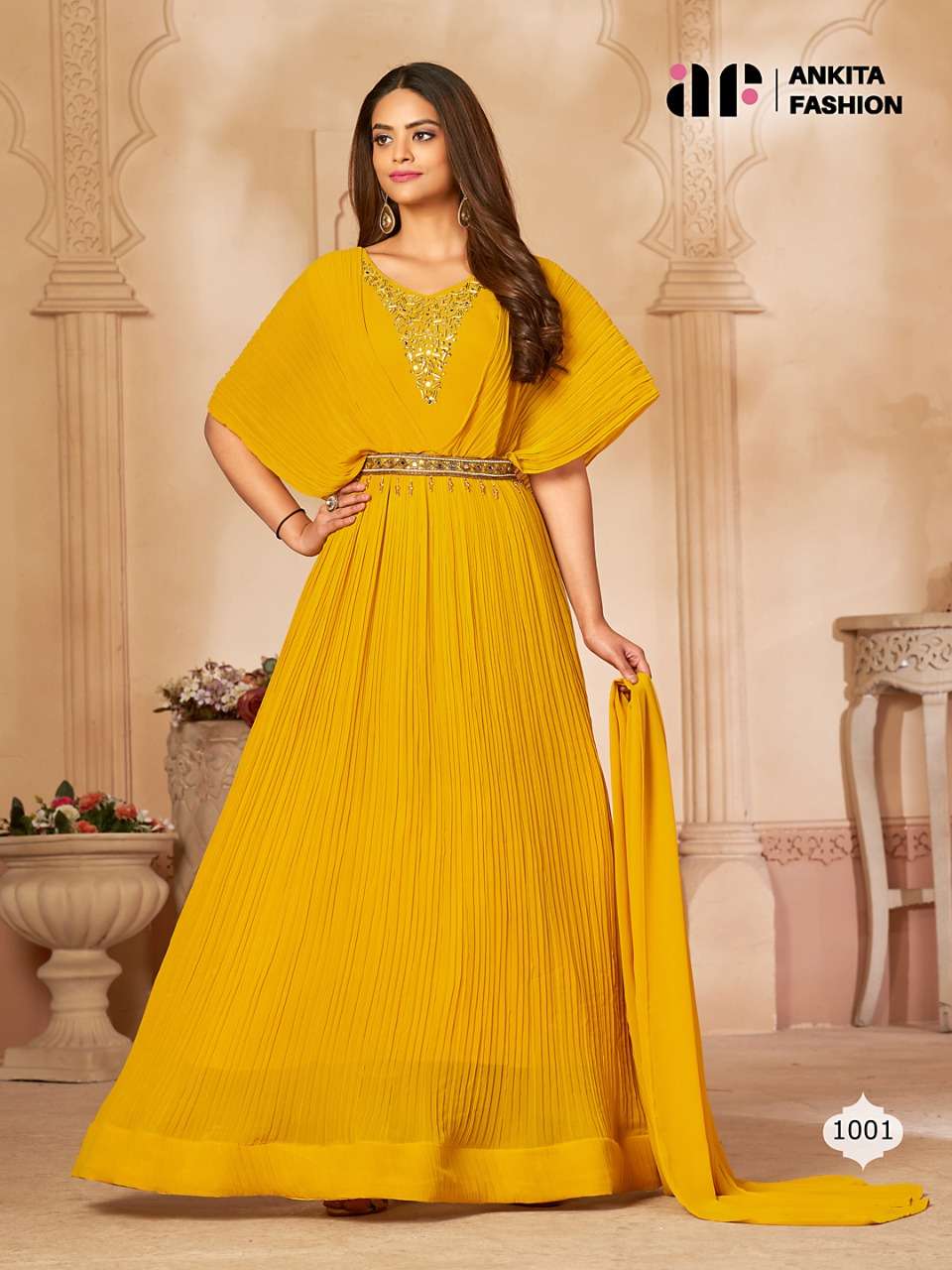 ANAMIKA BY ANKITA FASHION 1001 TO 1005 SERIES BEAUTIFUL STYLISH FANCY COLORFUL CASUAL WEAR & ETHNIC WEAR PURE GEORGETTE GOWNS WITH DUPATTA AT WHOLESALE PRICE