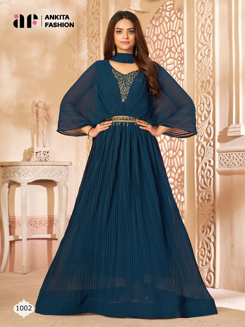 ANAMIKA BY ANKITA FASHION 1001 TO 1005 SERIES BEAUTIFUL STYLISH FANCY COLORFUL CASUAL WEAR & ETHNIC WEAR PURE GEORGETTE GOWNS WITH DUPATTA AT WHOLESALE PRICE