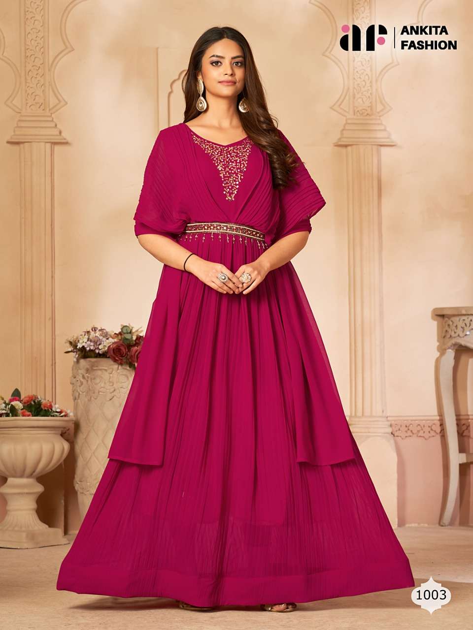 ANAMIKA BY ANKITA FASHION 1001 TO 1005 SERIES BEAUTIFUL STYLISH FANCY COLORFUL CASUAL WEAR & ETHNIC WEAR PURE GEORGETTE GOWNS WITH DUPATTA AT WHOLESALE PRICE