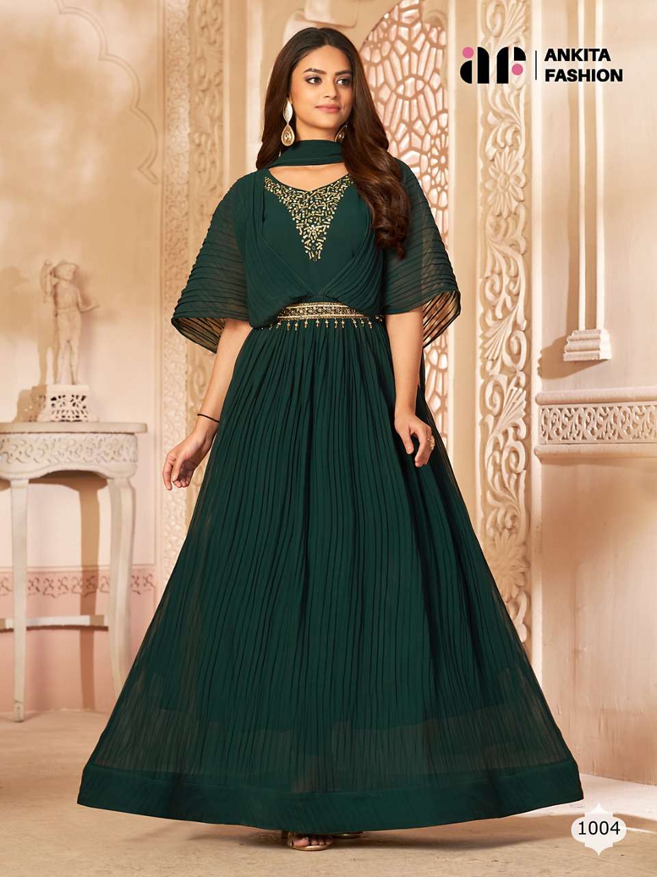 ANAMIKA BY ANKITA FASHION 1001 TO 1005 SERIES BEAUTIFUL STYLISH FANCY COLORFUL CASUAL WEAR & ETHNIC WEAR PURE GEORGETTE GOWNS WITH DUPATTA AT WHOLESALE PRICE