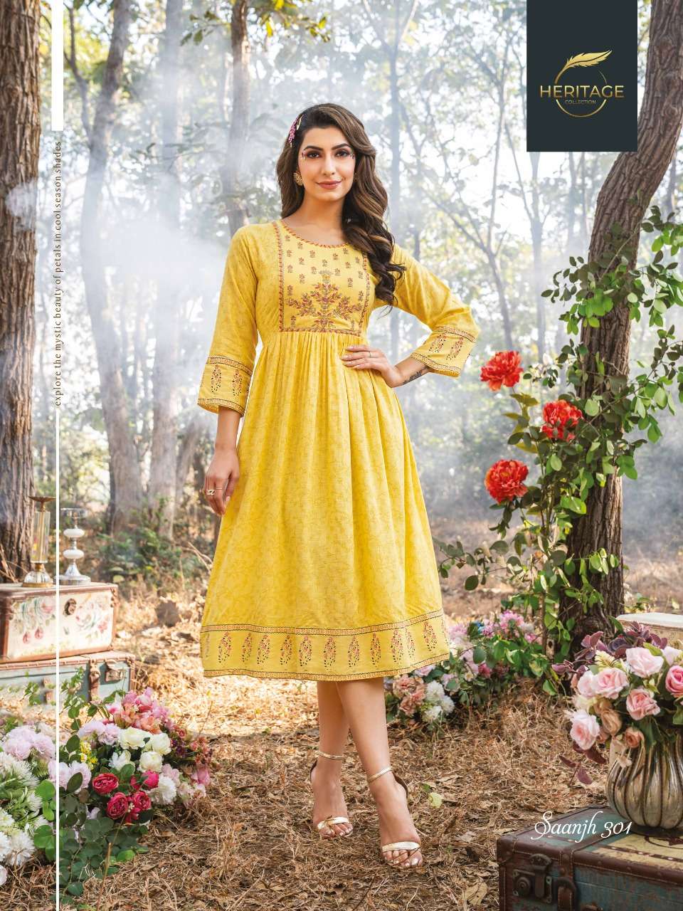 SAANJH VOL-3 BY HERITAGE 301 TO 306 SERIES DESIGNER STYLISH FANCY COLORFUL BEAUTIFUL PARTY WEAR & ETHNIC WEAR COLLECTION RAYON KURTIS AT WHOLESALE PRICE