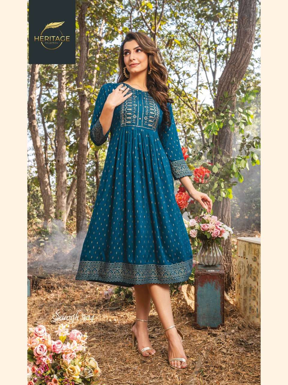SAANJH VOL-3 BY HERITAGE 301 TO 306 SERIES DESIGNER STYLISH FANCY COLORFUL BEAUTIFUL PARTY WEAR & ETHNIC WEAR COLLECTION RAYON KURTIS AT WHOLESALE PRICE