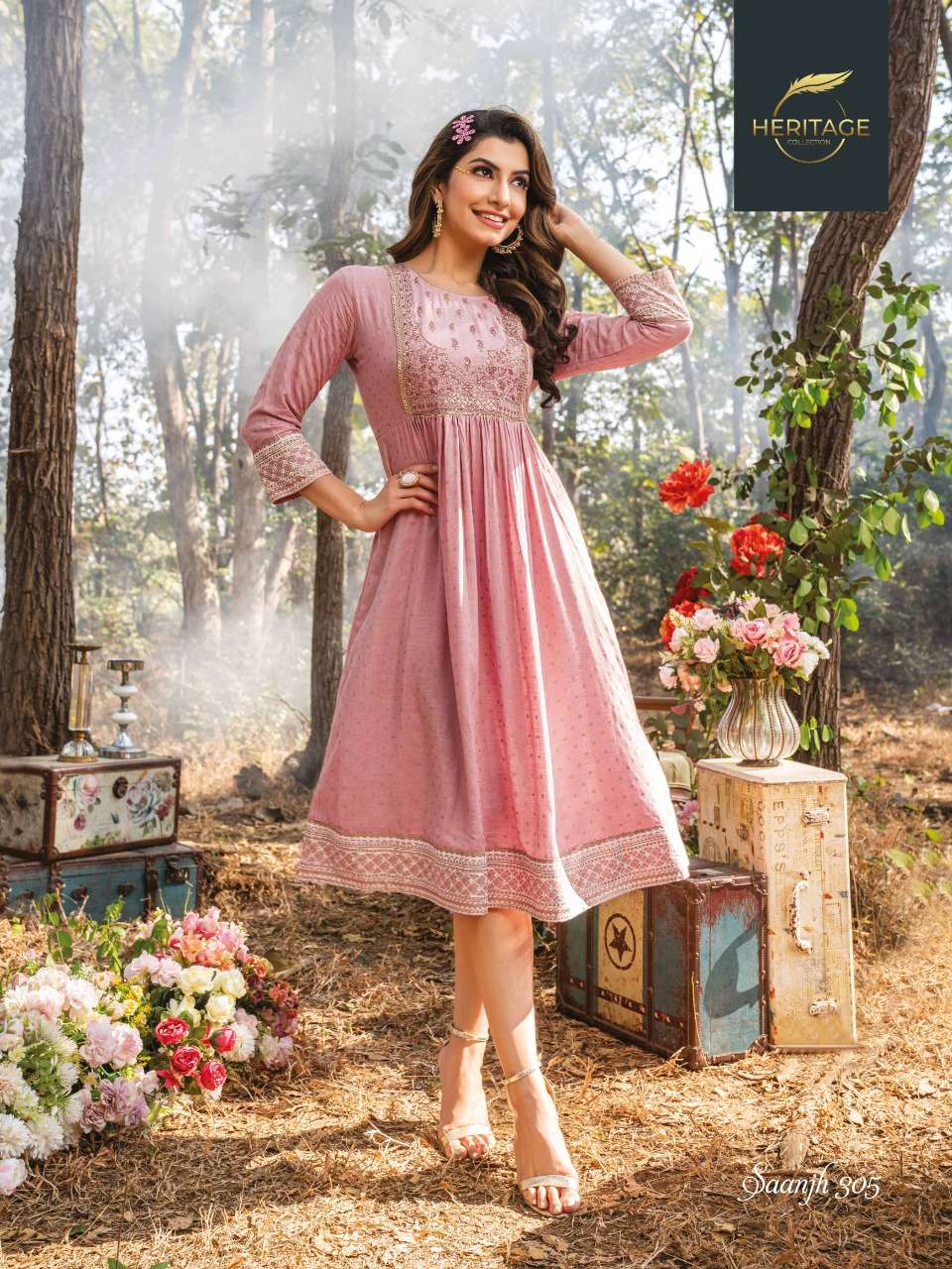 SAANJH VOL-3 BY HERITAGE 301 TO 306 SERIES DESIGNER STYLISH FANCY COLORFUL BEAUTIFUL PARTY WEAR & ETHNIC WEAR COLLECTION RAYON KURTIS AT WHOLESALE PRICE