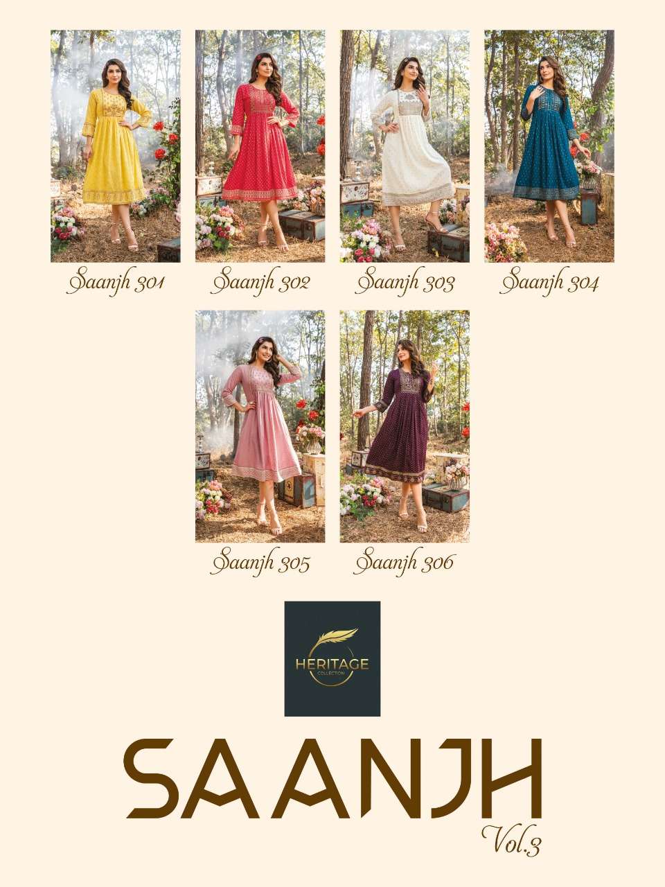 SAANJH VOL-3 BY HERITAGE 301 TO 306 SERIES DESIGNER STYLISH FANCY COLORFUL BEAUTIFUL PARTY WEAR & ETHNIC WEAR COLLECTION RAYON KURTIS AT WHOLESALE PRICE