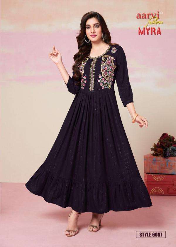 MYRA VOL-9 BY AARVI FASHION 6087 TO 6091 SERIES BEAUTIFUL STYLISH FANCY COLORFUL CASUAL WEAR & ETHNIC WEAR RAYON SLUB GOWNS AT WHOLESALE PRICE