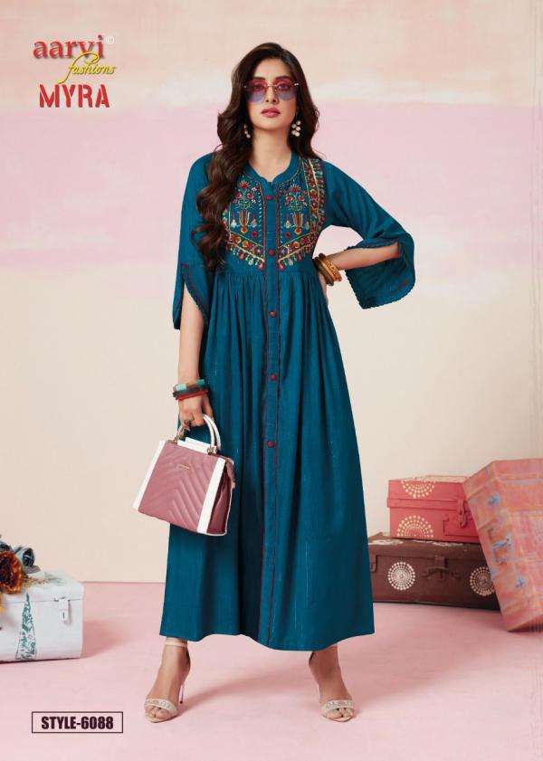 MYRA VOL-9 BY AARVI FASHION 6087 TO 6091 SERIES BEAUTIFUL STYLISH FANCY COLORFUL CASUAL WEAR & ETHNIC WEAR RAYON SLUB GOWNS AT WHOLESALE PRICE
