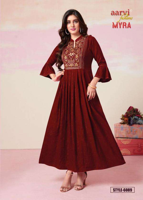 MYRA VOL-9 BY AARVI FASHION 6087 TO 6091 SERIES BEAUTIFUL STYLISH FANCY COLORFUL CASUAL WEAR & ETHNIC WEAR RAYON SLUB GOWNS AT WHOLESALE PRICE