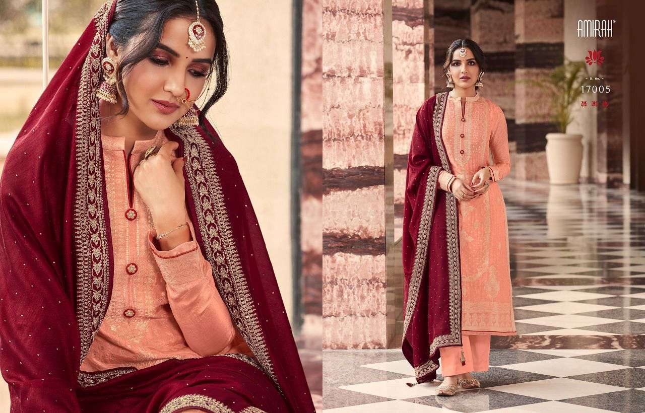 KHWAHISH VOL-2 HIT LIST BY AMIRAH 17001 TO 17005 SERIES BEAUTIFUL STYLISH SUITS FANCY COLORFUL CASUAL WEAR & ETHNIC WEAR & READY TO WEAR DOLA SILK JACQUARD DRESSES AT WHOLESALE PRICE