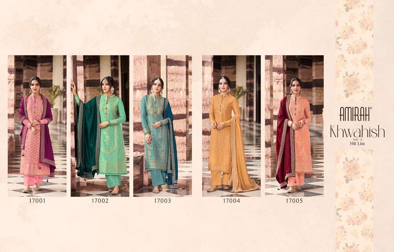 KHWAHISH VOL-2 HIT LIST BY AMIRAH 17001 TO 17005 SERIES BEAUTIFUL STYLISH SUITS FANCY COLORFUL CASUAL WEAR & ETHNIC WEAR & READY TO WEAR DOLA SILK JACQUARD DRESSES AT WHOLESALE PRICE