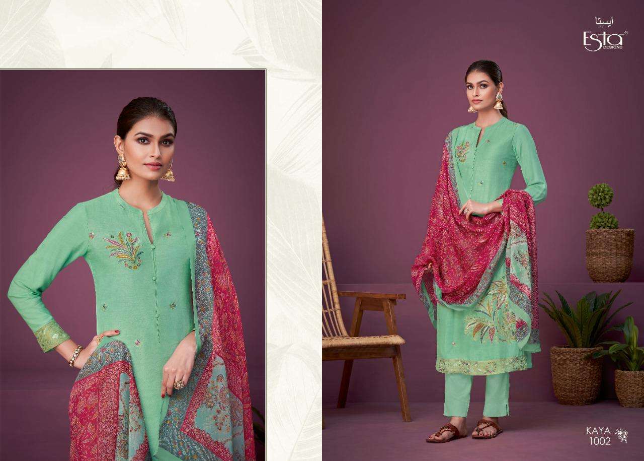 KAYA BY ESTA DESIGNS 1001 TO 1006 SERIES DESIGNER FESTIVE SUITS COLLECTION BEAUTIFUL STYLISH FANCY COLORFUL PARTY WEAR & OCCASIONAL WEAR MUSLIN JACQUARD DRESSES AT WHOLESALE PRICE