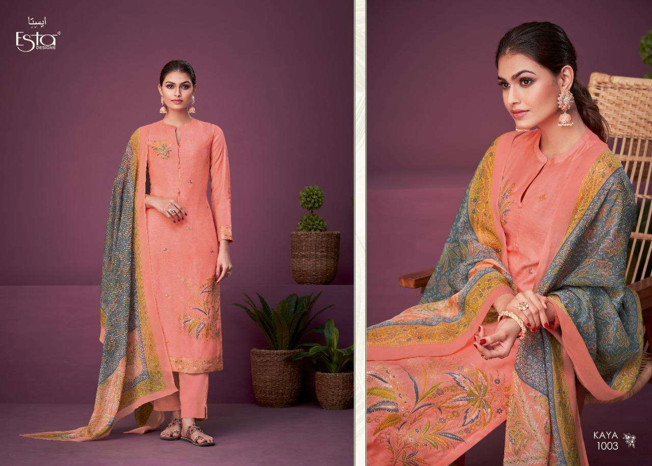 KAYA BY ESTA DESIGNS 1001 TO 1006 SERIES DESIGNER FESTIVE SUITS COLLECTION BEAUTIFUL STYLISH FANCY COLORFUL PARTY WEAR & OCCASIONAL WEAR MUSLIN JACQUARD DRESSES AT WHOLESALE PRICE