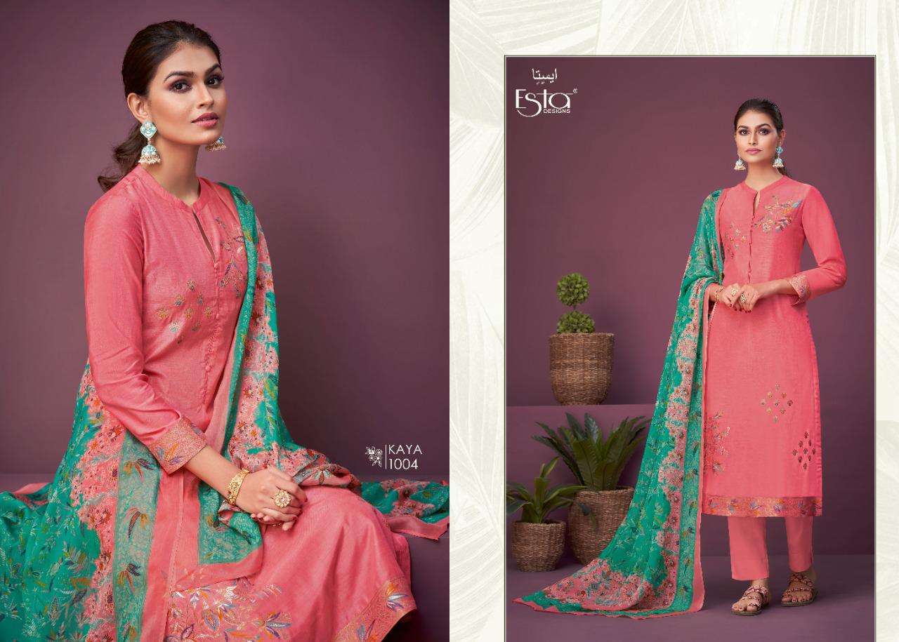 KAYA BY ESTA DESIGNS 1001 TO 1006 SERIES DESIGNER FESTIVE SUITS COLLECTION BEAUTIFUL STYLISH FANCY COLORFUL PARTY WEAR & OCCASIONAL WEAR MUSLIN JACQUARD DRESSES AT WHOLESALE PRICE