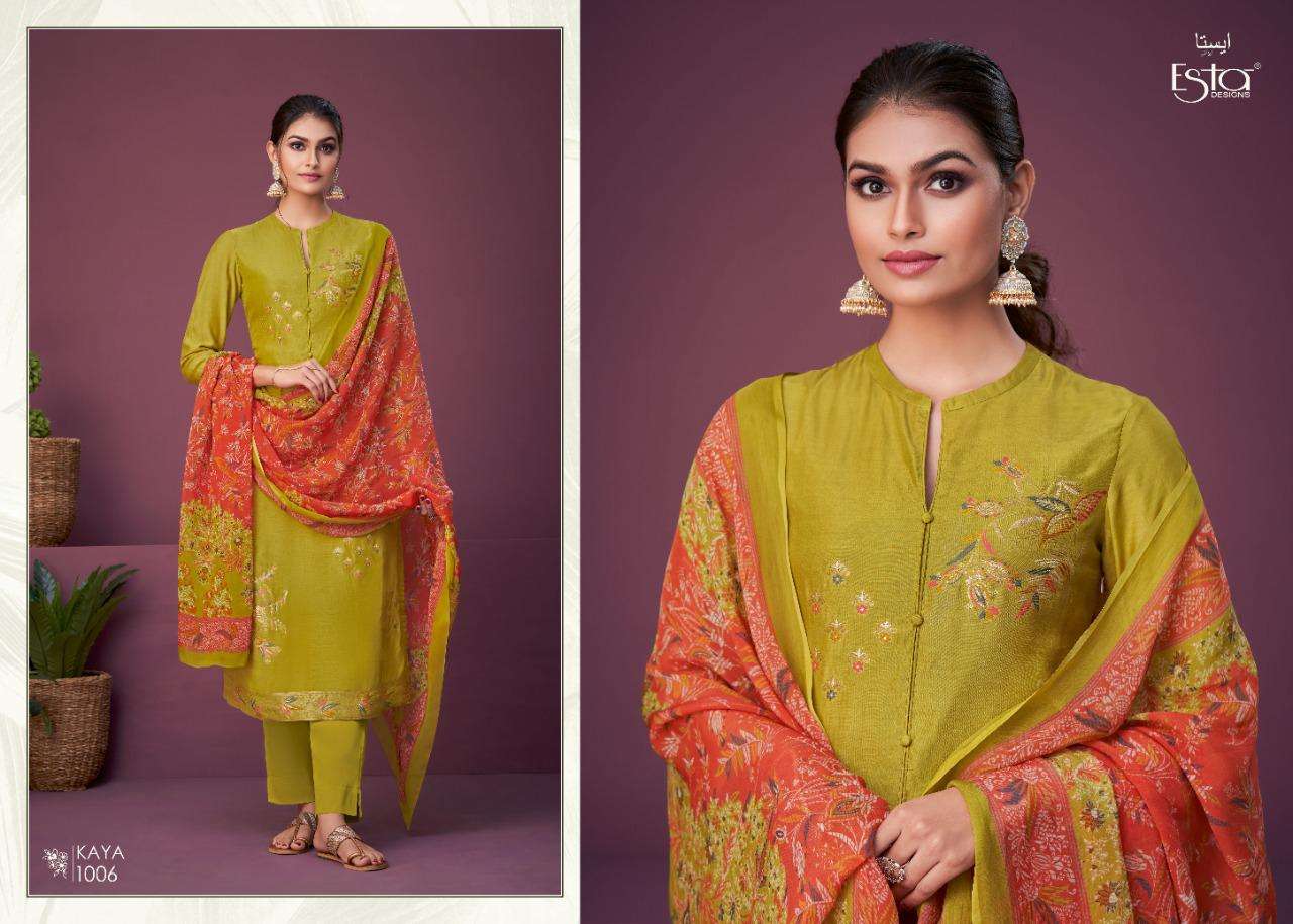KAYA BY ESTA DESIGNS 1001 TO 1006 SERIES DESIGNER FESTIVE SUITS COLLECTION BEAUTIFUL STYLISH FANCY COLORFUL PARTY WEAR & OCCASIONAL WEAR MUSLIN JACQUARD DRESSES AT WHOLESALE PRICE