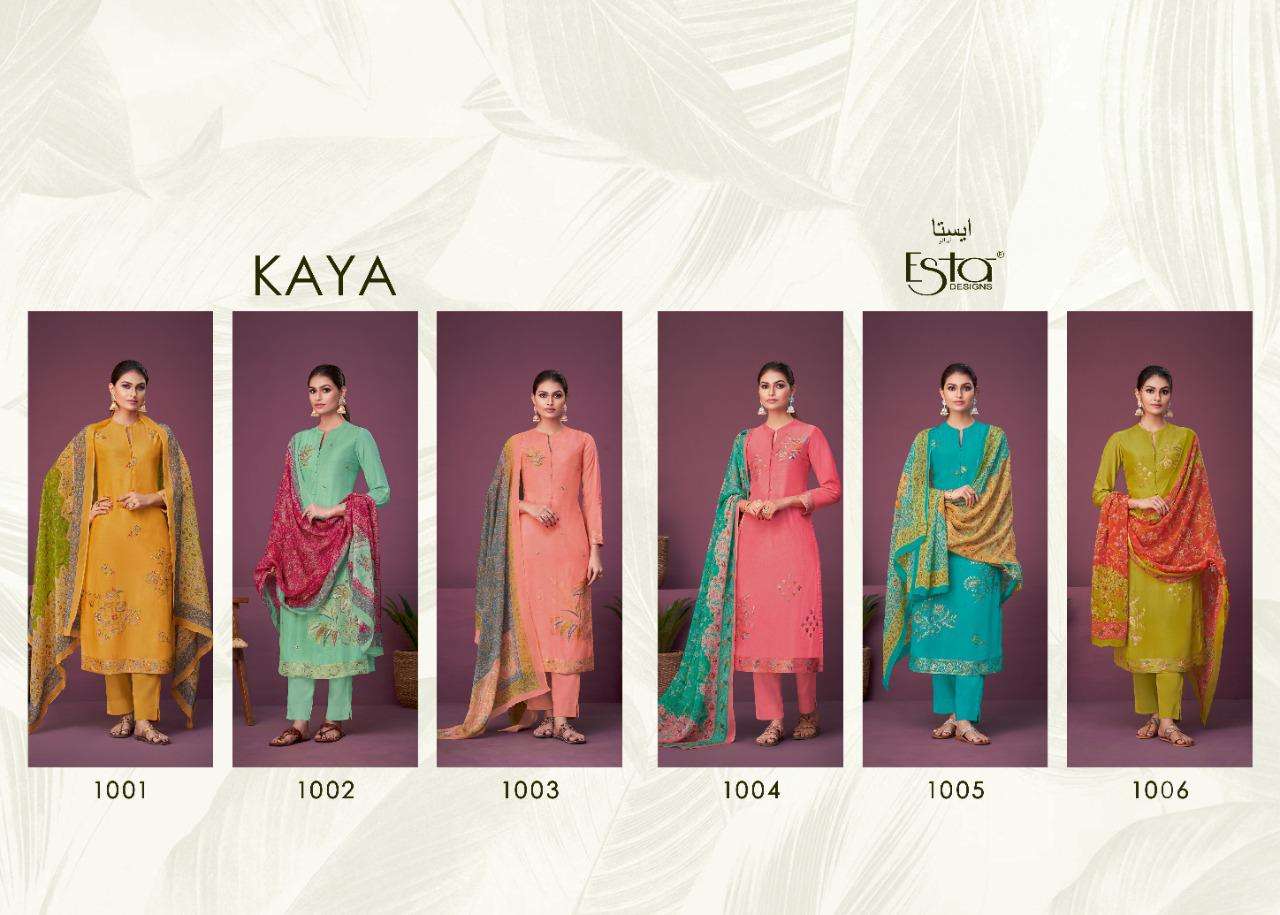KAYA BY ESTA DESIGNS 1001 TO 1006 SERIES DESIGNER FESTIVE SUITS COLLECTION BEAUTIFUL STYLISH FANCY COLORFUL PARTY WEAR & OCCASIONAL WEAR MUSLIN JACQUARD DRESSES AT WHOLESALE PRICE