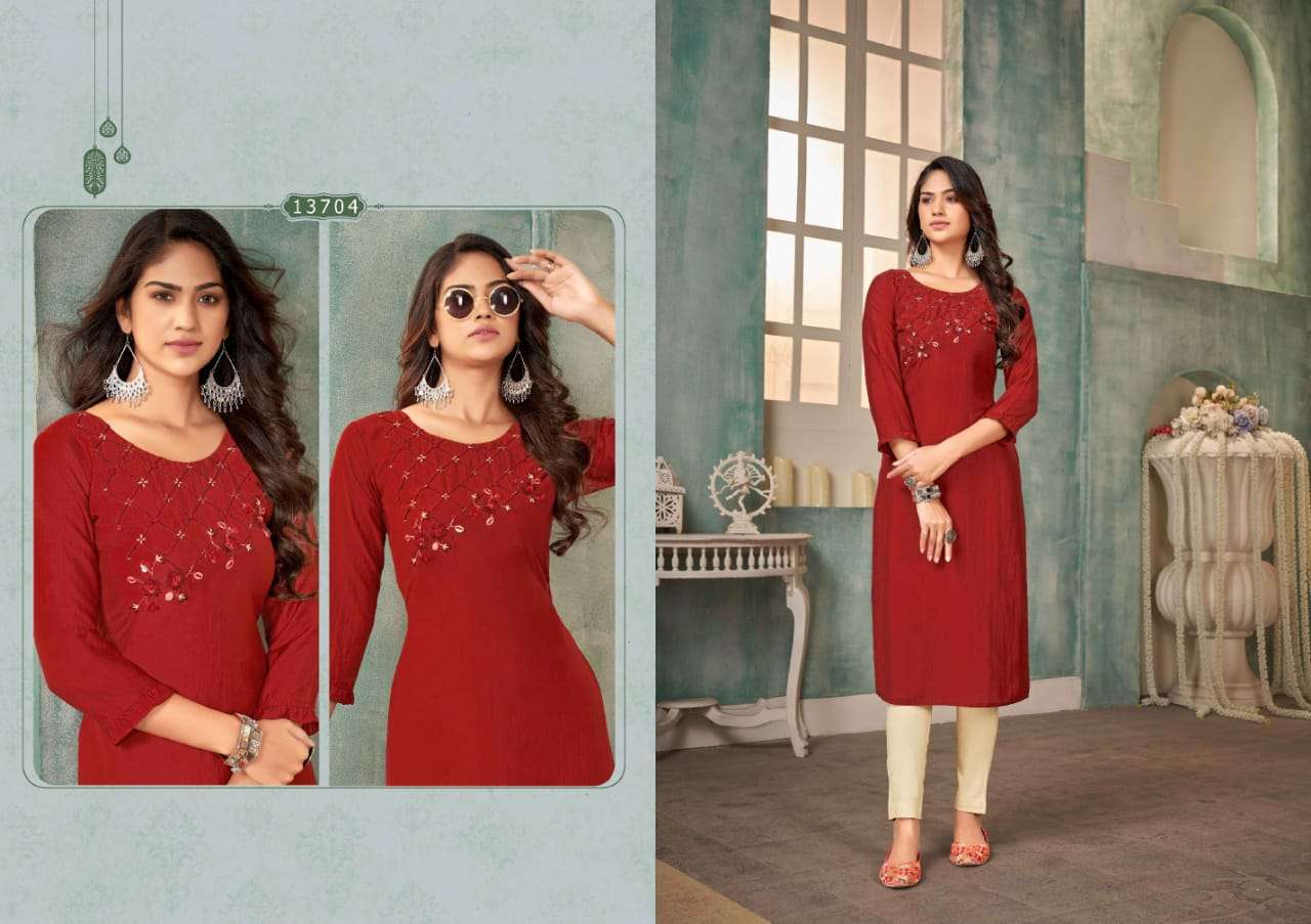 OCTVAIA VOL-13 BY KALAROOP 13704 TO 13709 SERIES DESIGNER STYLISH FANCY COLORFUL BEAUTIFUL PARTY WEAR & ETHNIC WEAR COLLECTION SILK EMBROIDERY KURTIS AT WHOLESALE PRICE