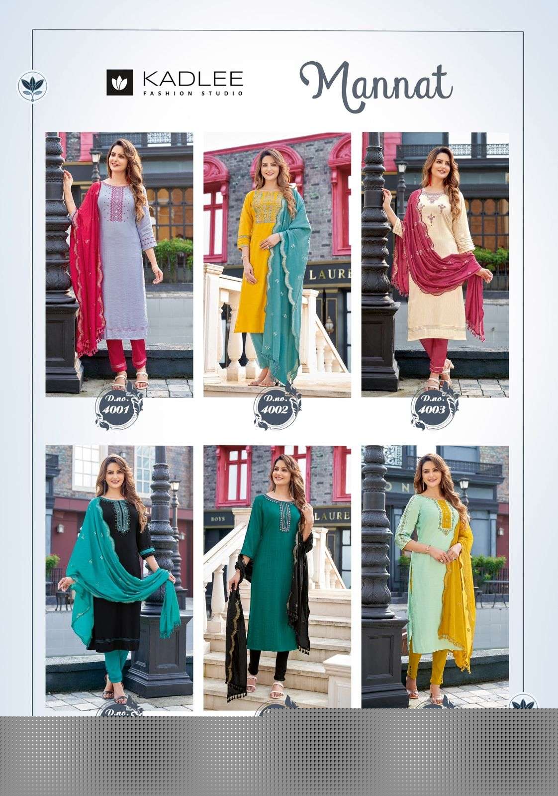 MANNAT BY KADLEE 4001 TO 4006 SERIES FESTIVE SUITS BEAUTIFUL FANCY COLORFUL STYLISH PARTY WEAR & OCCASIONAL WEAR NYLON VISCOSE DRESSES AT WHOLESALE PRICE